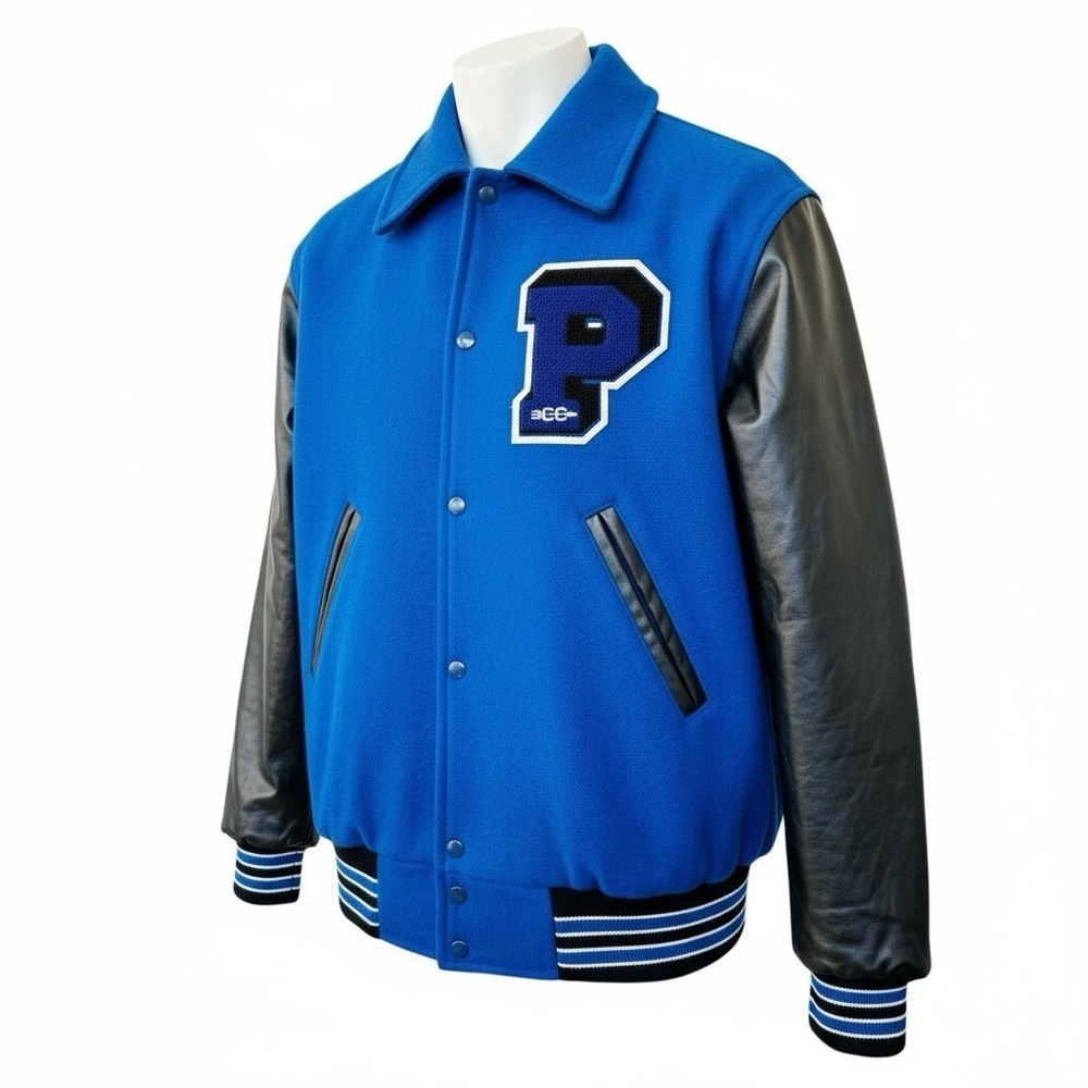 Vintage Alexander Maverick Dallas Varsity Jacket Blue Wool Black Leather Large